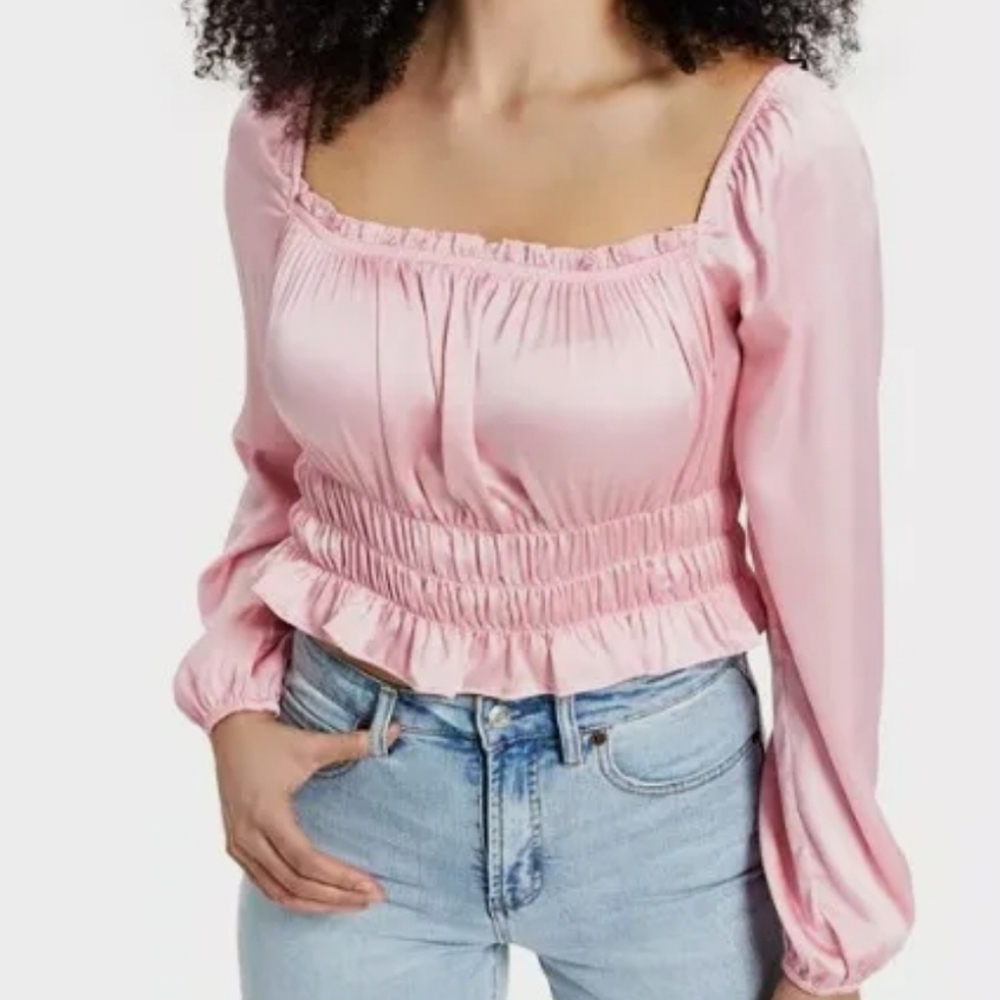 BAR III SQUARE-NECK SMOCKED BLOUSE CUPID BLUSH XS [PINK] X-SMALL